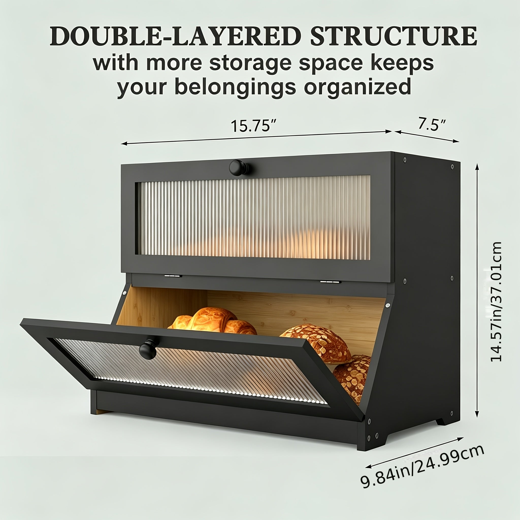 Double Layer Bamboo Bread Box for Kitchen Counter-Large Capacity Bread Storage Container Farmhouse Bread Box with Window Bread Holder