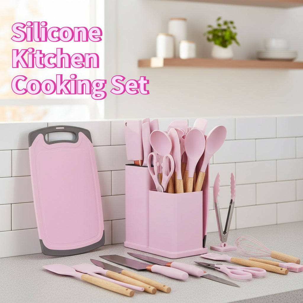 Kitchen Essential – 26pcs Silicone Cooking Utensil Set - A Safe Kitchen Tool Collection with Wooden Handles, Non-Stick Cooking Implements, Washable Modern Cookware, Kitchen Essentials, Perfe