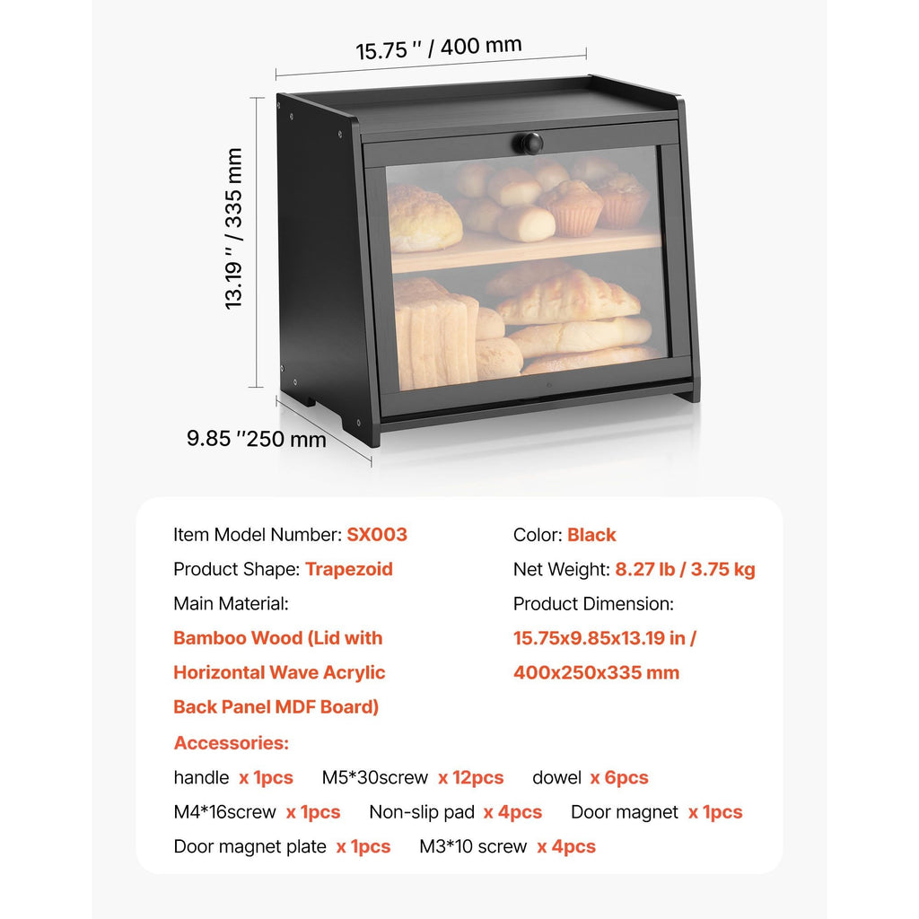 Space-Saving Countertop Bread Storage Box – fresh-bread countertop organization, VEVOR Bread Box for Kitchen Counter Large Capacity Bamboo Storage Container Single-layer Double-layer Black, designed for American homes, daily convenience and practical