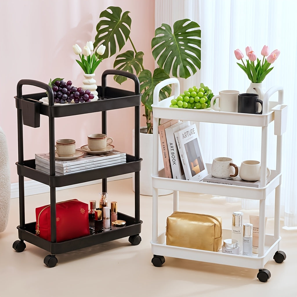 3/4/5-Tier Plastic Rolling Utility Cart with Handle, Multi-Functional Storage Trolley for Office, Living Room, Kitchen, Movable Storage Organizer with Wheels, White