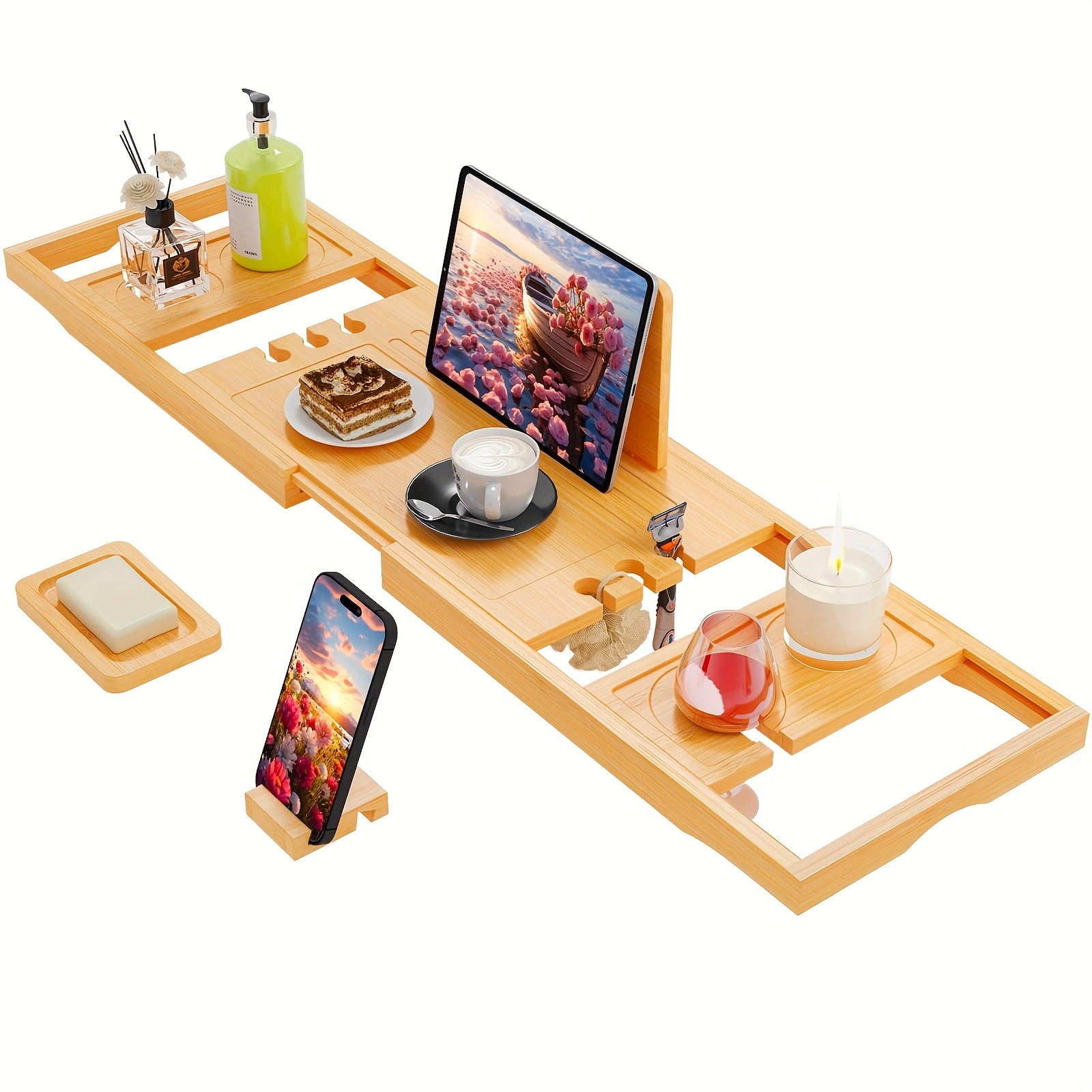 Sturdy And Durable Bathtub Tray, Made Of Wood. The Bath Table Tray Is Adjustable. The Bathtub - Specific Bath Caddy Tray Ensures Hassle - Free Storage. A Thoughtful Gift for Her.
