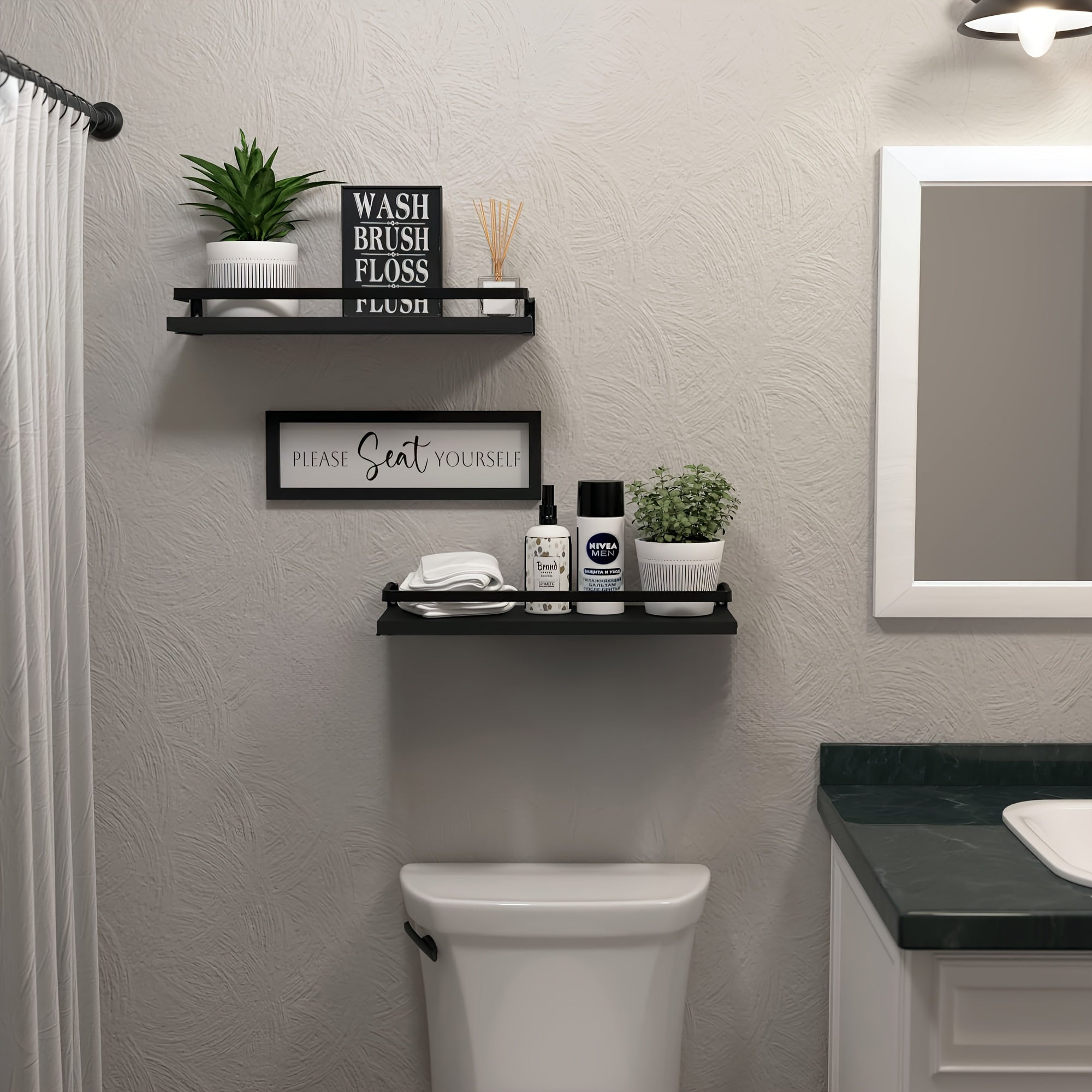 3-Tier Floating Shelves for Wall Decor | Black Metal Guardrail, Over Toilet with Storage Basket, Suitable for Bedroom, Living Room, Kitchen and Bathroom