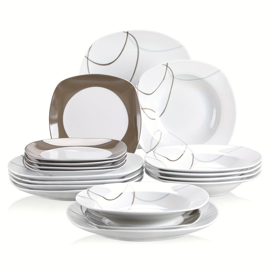 18pcs Dinner Set Service for 6, Porcelain Plates Set, Ink And Line Patterns Dining Set, Ivory White Round Dishes Set Plate Set Including 6 X 7.5" Dessert Plate, 6 X 8.5" Soup Plate, 6 X 9.75" Dinner Plate