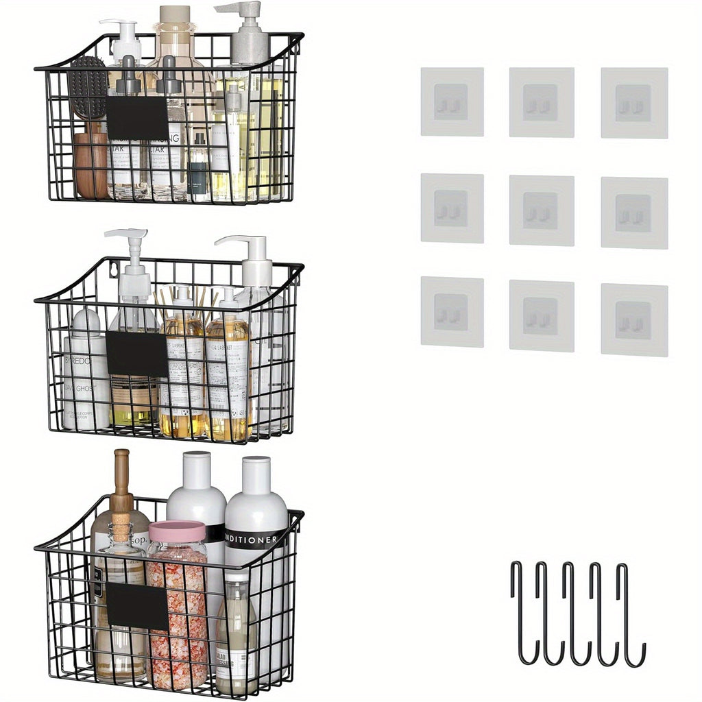 Wall Mounted Bin Basket with 5 Hooks 3 Label Plate Adhesive-3 Pack, Cabinet Hanging Metal Wire Basket, Rustic Farmhouse Decor, Storage Organization Shelf for Pantry Kitchen Bathroom 10.6*7.5*5.1Inch, Shelf Baskets