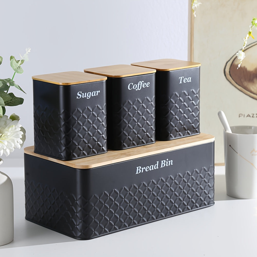 Compact Airtight Storage Jar Set – clear reusable pantry storage, Black Bread Bin with 3 Square Canisters, designed for American homes, daily convenience and practical gifting