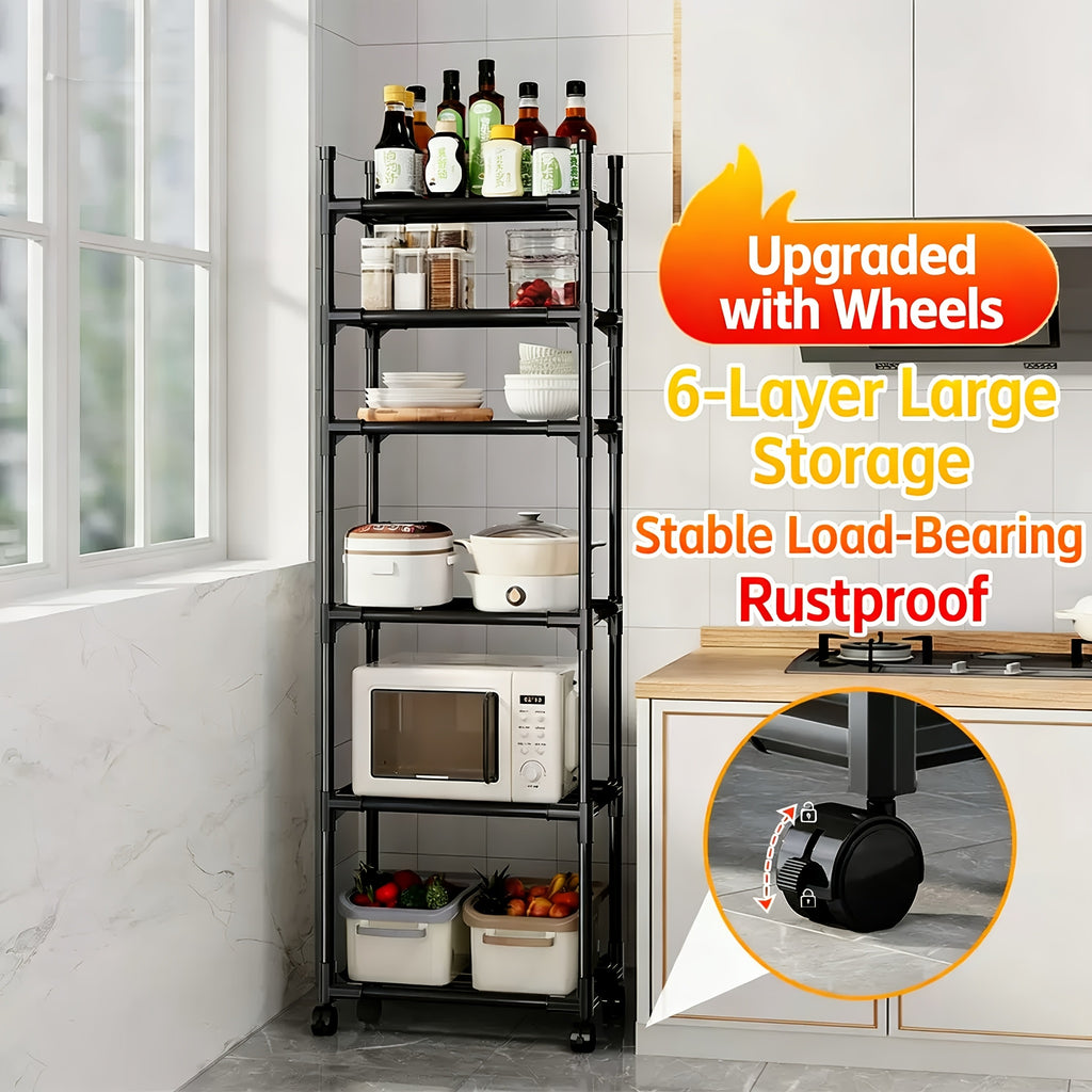 Versatile Adjustable Home Storage Rack – durable multi-purpose storage, 6-Tier Rotating Metal Storage Cart Adjustable Rolling Storage Shelf with Wheels Multifunctional Utility Trolley, designed for American homes, daily convenience and practical gift