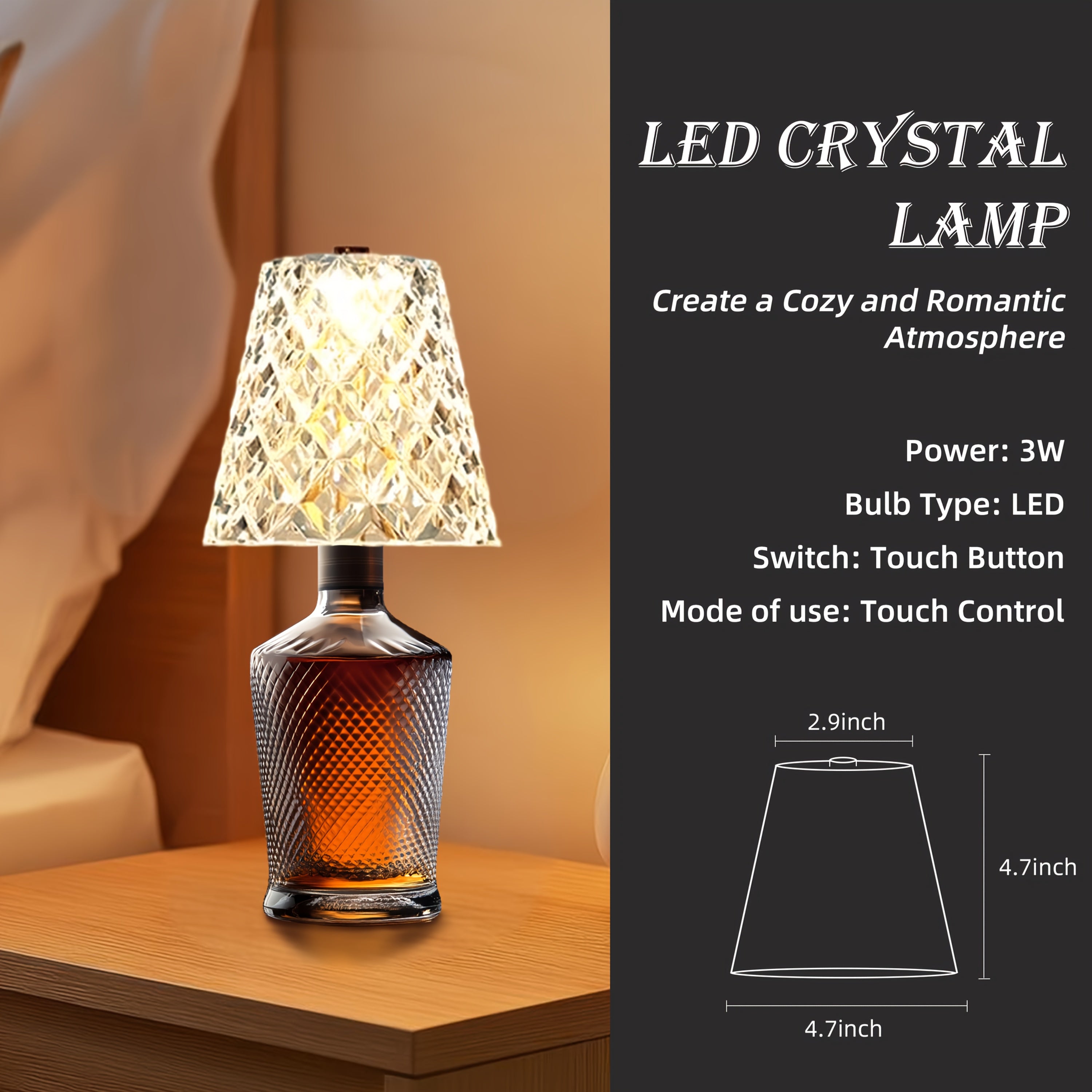 Ambient Home Decor – Crystal Clear Bottle Light, Table Lamp, Rechargeable LED Wine Lamp, Acrylic Lampshade, 2000Mah, 3 Colors, Bottle Lamp for Modern US Homes, relaxing room atmosphere, Vers