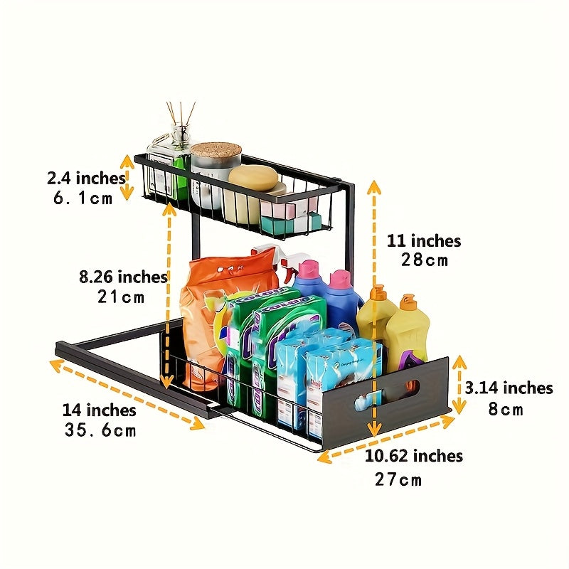 Set of 2 Under-Sink Storage Organizers, Featuring a Pull-Out Cabinet Design, with a Two-Tier Sliding Basket Shelf Suitable for Kitchen And Bathroom Use, Adjustable L-Shaped Counter Organizers