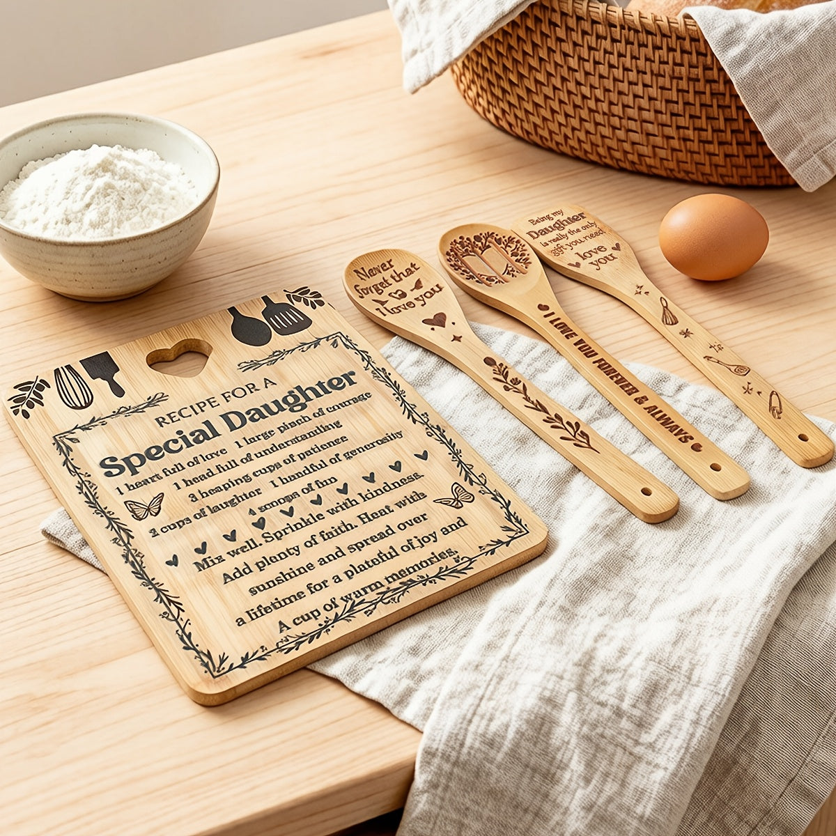 Gifts for Daughter - "Recipe for a Special Daughter" Daughter Birthday Gifts Cutting Board Set Bamboo-Made Engraved Utensil Set Birthday Gifts for Daughter Mothers Day Gifts for Daughter