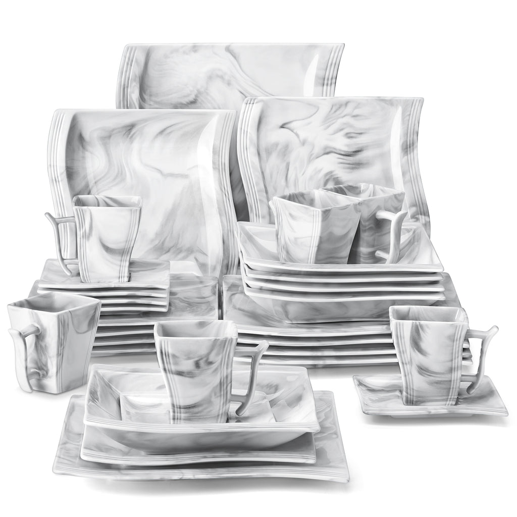 Plates And Bowls Set For 6, Grey White Square Dinnerware Sets, 30pcs Porcelain Dishes Set With Plates, Bowls, Cups And Saucers, Dinner Set Microwave Safe