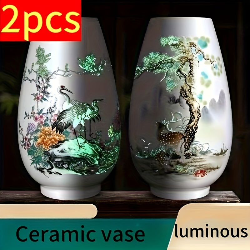 2pcs Luminous Ceramic Vase Made In Jingdezhen, China Vase Ornaments Suitable for Home Desktop, Living Room, Office, Wedding, Holiday Party, Hand-decorated Vase, Home Decoration