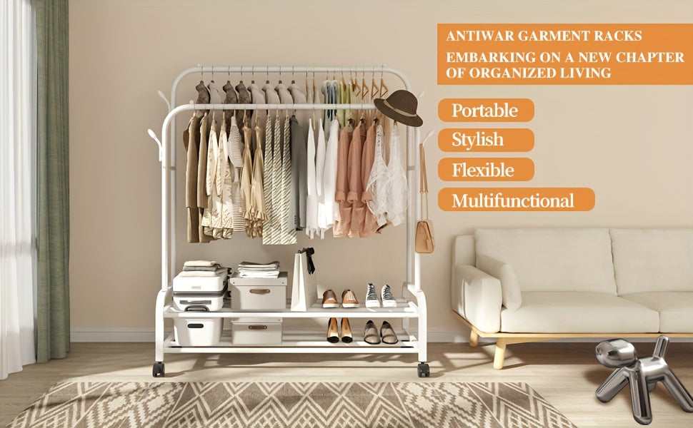 Heavy-Duty Adjustable Home Storage Rack – durable multi-purpose storage, Sturdy Metal Double Rodding Clothes Rack with Wheels Portable Clothing Rack with Shelves Hooks, designed for American homes, daily convenience and practical gifting