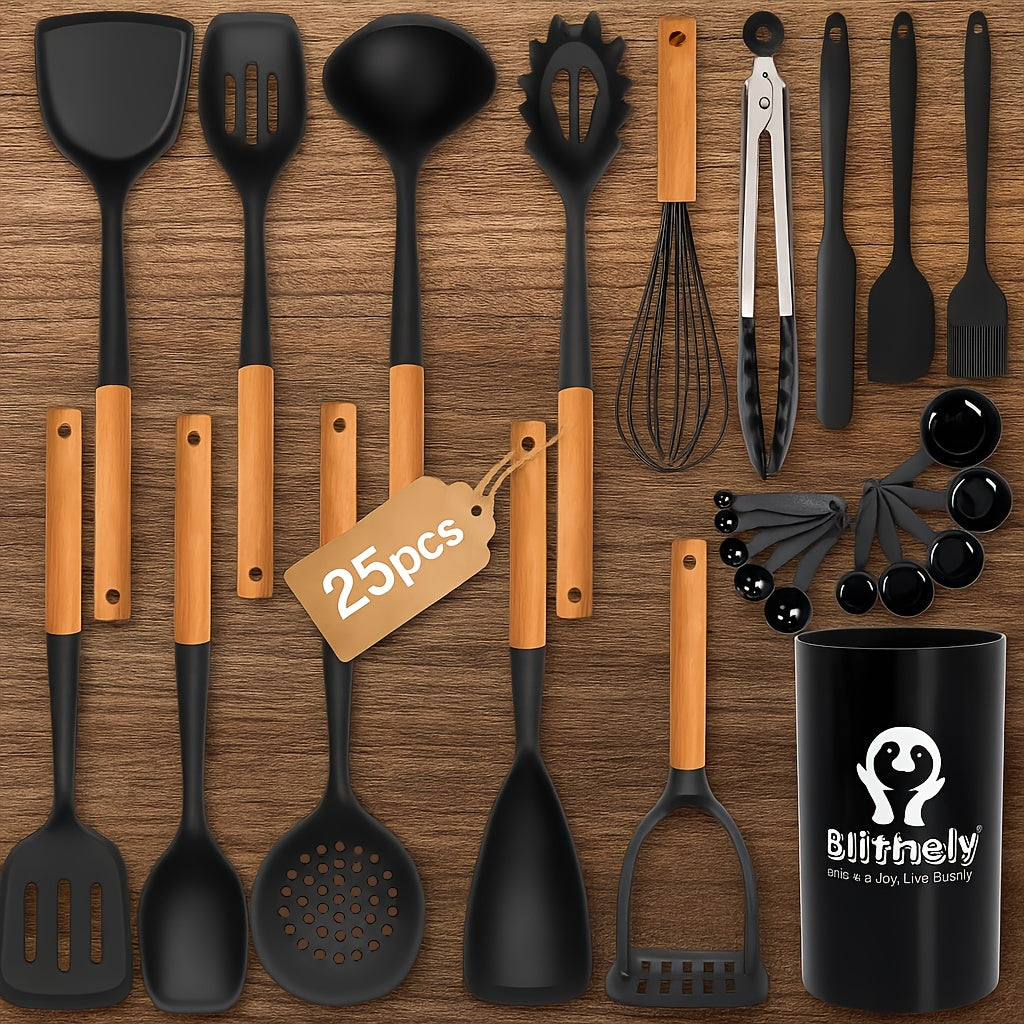 Kitchen Essential – 25pcs Set of Silicone Cooking Tools, Featuring Nonstick Utensils with Wooden Handles, Heat-Resistant Spatulas for Culinary Use, And Silicone Kitchen Gadgets Including Spo