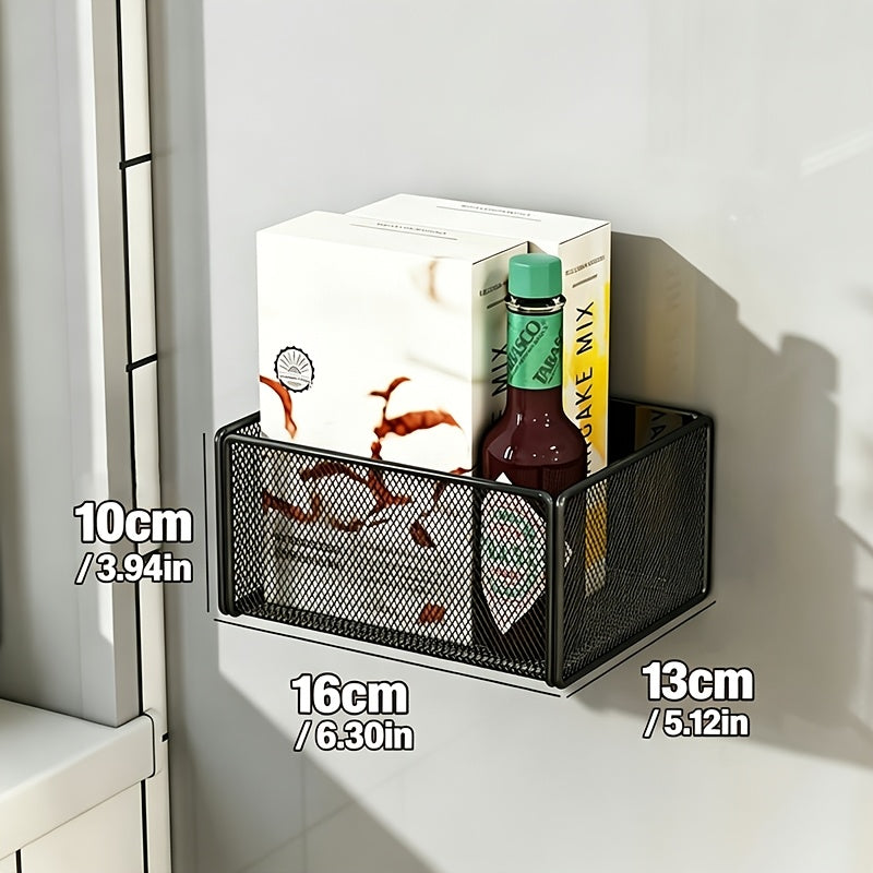 Kitchen Essential – 1/2pcs Magnetic Kitchen Storage Basket, Drill-free Metal Grid Organizer, Mountable On Refrigerator Top Side Door Cabinet Wall, Home Sundries Utensil Storage Rack for Mode