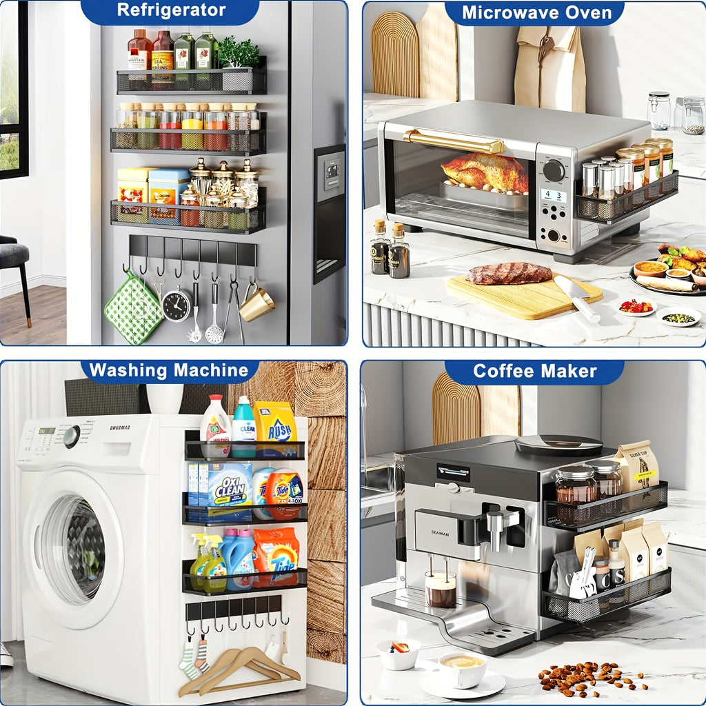 Premium 3 Pack Adjustable Home Storage Rack – durable multi-purpose storage, Magnetic Spice Rack for Refrigerator 3 Pack Magnetic Shelf Moveable Fridge Organizer with 8-Hook, designed for American homes, daily convenience and practical gifting