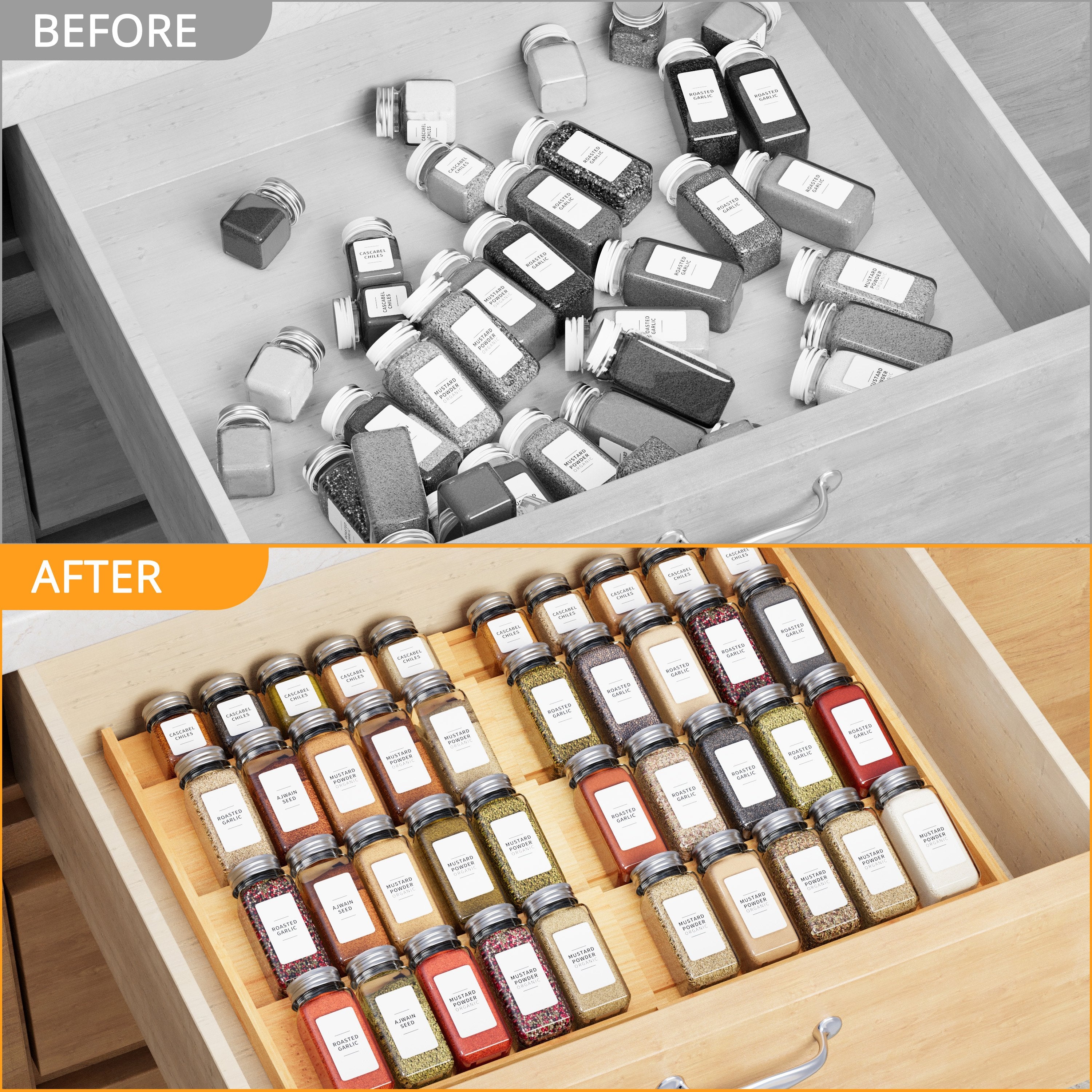 Compact Glass Spice Jar Set – clear reusable pantry storage, Expandable 4-Tier Bamboo Spice Drawer Organizer For Kitchen Cabinets Fits Drawers 3 Deep Adjustable, designed for American homes, daily convenience and practical gifting
