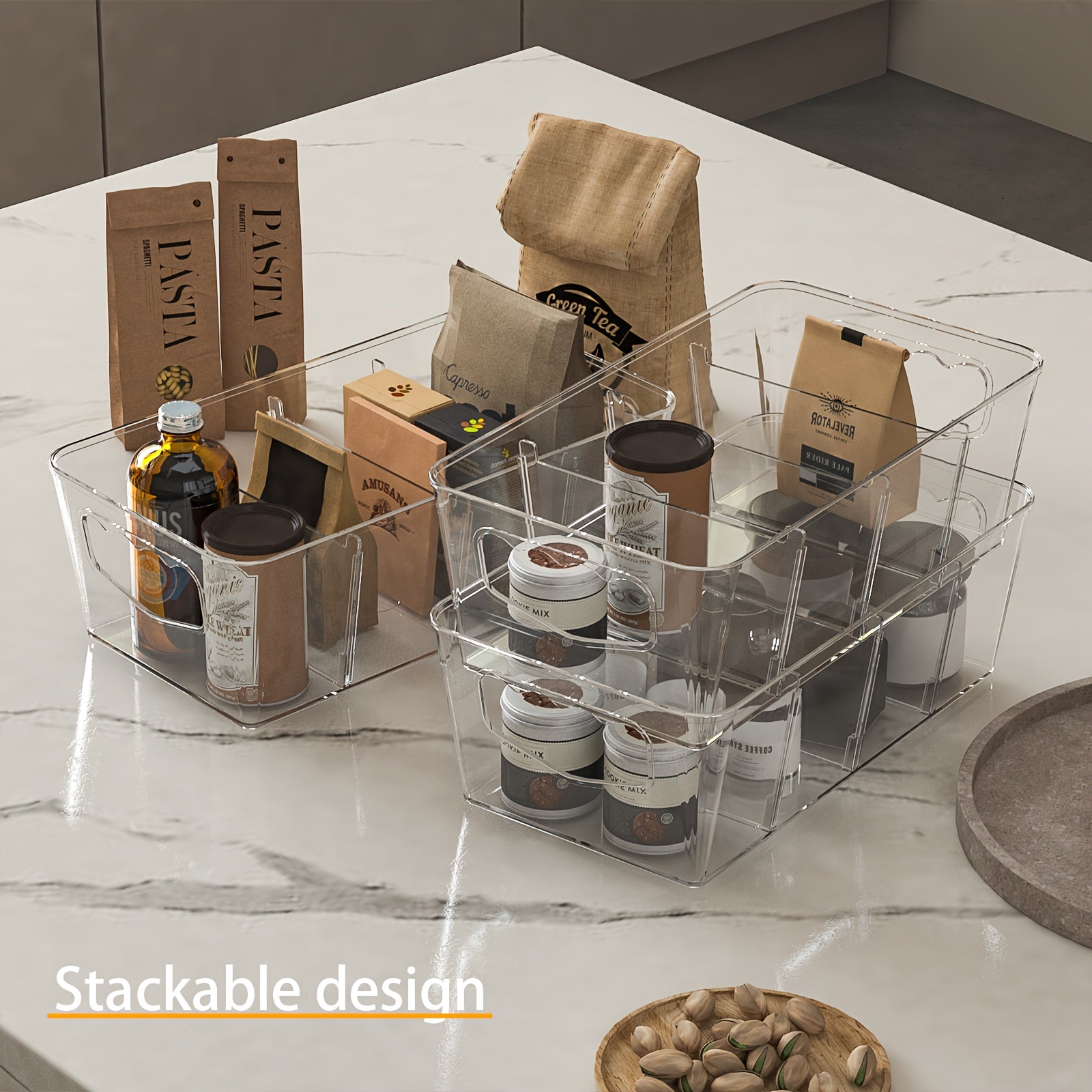 4/ 6/ 8 Transparent Stackable for food Storage Box With 3 Detachable Partitions For Food Storage Room Organization And Kitchen Storage Of Snacks, Stackable Refrigerator Kitchen Cabinets
