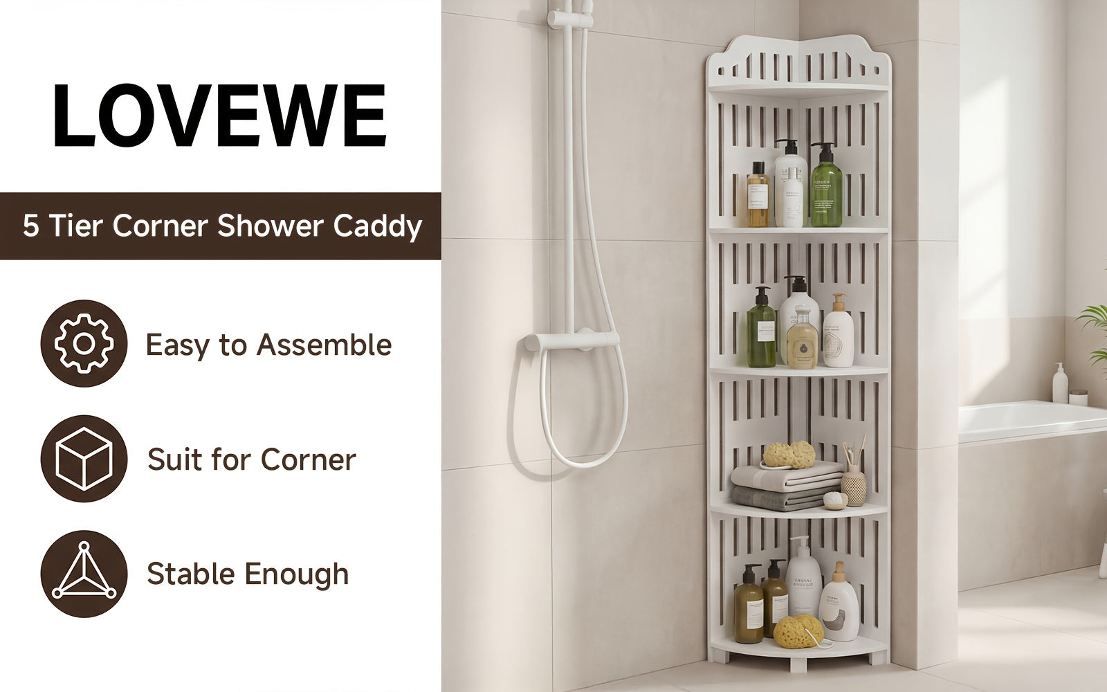 Kitchen Essential – 5-Tier Corner Storage Shelf, 43.31inch Tall Freestanding Organizer, Waterproof PVC Board Shelving Unit, Easy to Assemble, Holds Up to 30Lbs for Bathroom, Kitchen And Livi