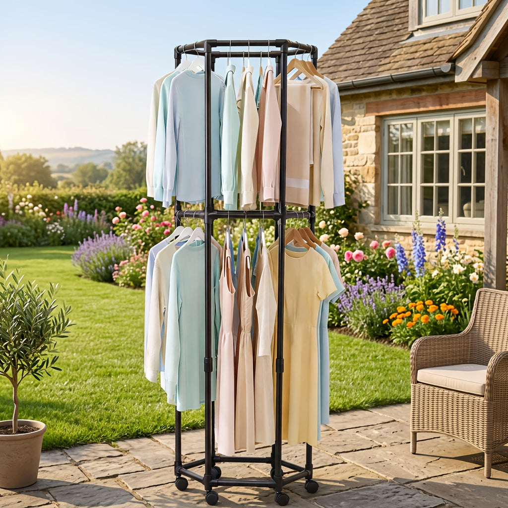 Compact Adjustable Home Storage Rack – durable multi-purpose storage, Rotating Clothing Rack with Wheels Heavy Duty Metal Garment Rack for Hanging Clothes Multifunctional, designed for American homes, daily convenience and practical gifting