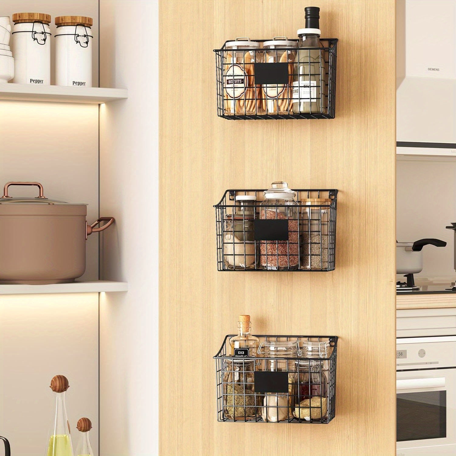 Wall Mounted Bin Basket with 5 Hooks 3 Label Plate Adhesive-3 Pack, Cabinet Hanging Metal Wire Basket, Rustic Farmhouse Decor, Storage Organization Shelf for Pantry Kitchen Bathroom 10.6*7.5*5.1Inch, Shelf Baskets
