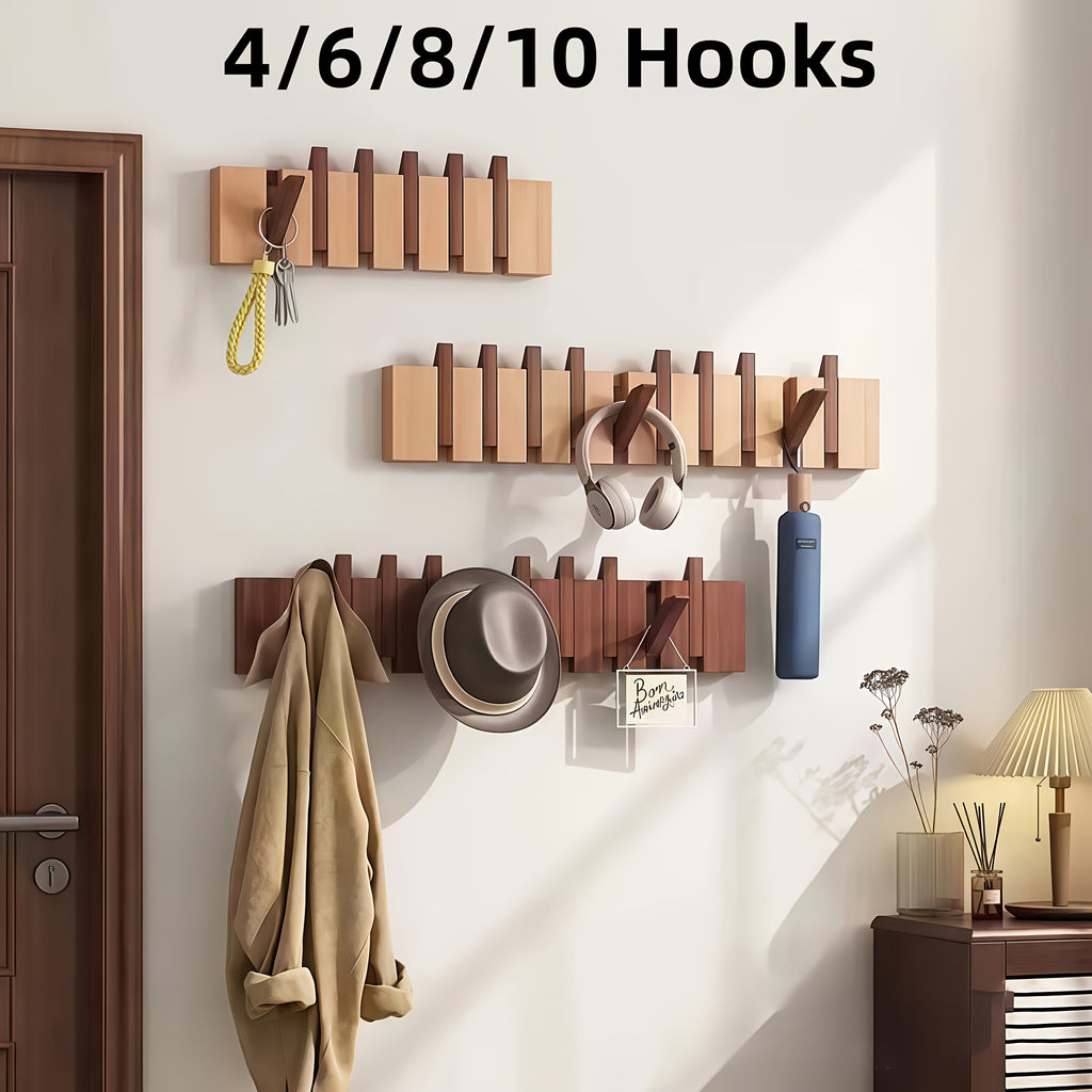Versatile 1pc Adjustable Home Storage Rack – durable multi-purpose storage, 1pc Natural Wood Wall-Mounted Coat Rack with 10 Hooks - Piano-Shaped Accordion Design Walnut, designed for American homes, daily convenience and practical gifting