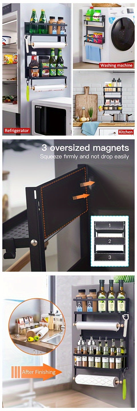 Kitchen Essential – Magnetic Fridge Organizer Spice Rack with Paper Towel Holder And 5 Extra Hooks, 3 Tier Magnet Refrigerator Shelf In Kitchen Holds Up to 45 LBS, Black, Utility Racks for M