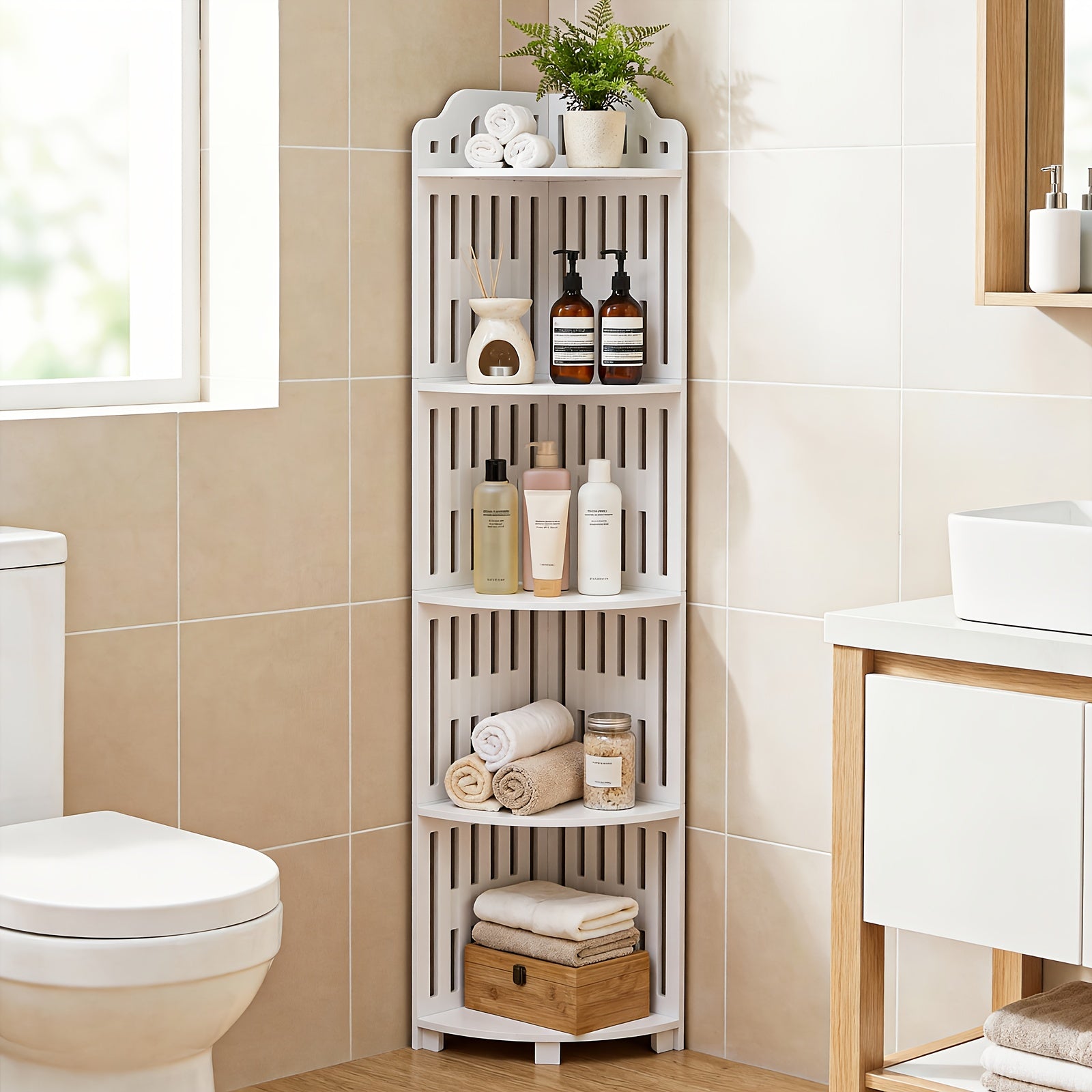 Kitchen Essential – 5-Tier Corner Storage Shelf, 43.31inch Tall Freestanding Organizer, Waterproof PVC Board Shelving Unit, Easy to Assemble, Holds Up to 30Lbs for Bathroom, Kitchen And Livi