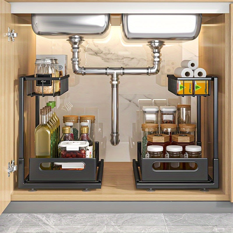 Kitchen Essential – Under Sink Organizers, Metal Pull Out Under Sink Organizers And Storage Shelves with Sliding Drawer, Under Sink Storage for Kitchen, Bathroom (1pack/2pack) for Modern US