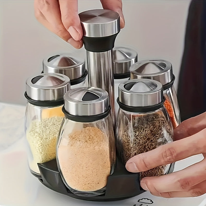 A Set Of 6/12 Glass Spice Jars with A Rotating Base, Featuring A 360° Rotating Design for Space-saving Kitchen Storage. Transparent Glass Jars Provide Visual Organization And Easy Access, While The Stainless Steel Lids Seal to Keep The Seasoning Neat