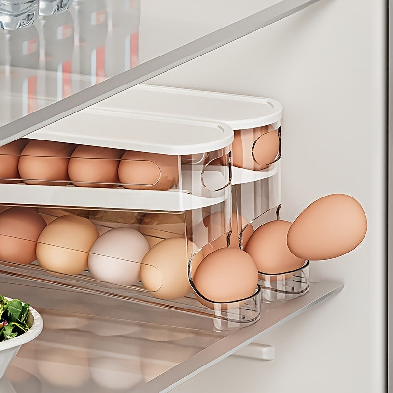Automatic Rolling Sliding Egg Rack, Space-Saving Design with Easy Access Sliding Tiers And Transparent Compartment, for Kitchen And Refrigerator Storage, Durable No Batteries Required