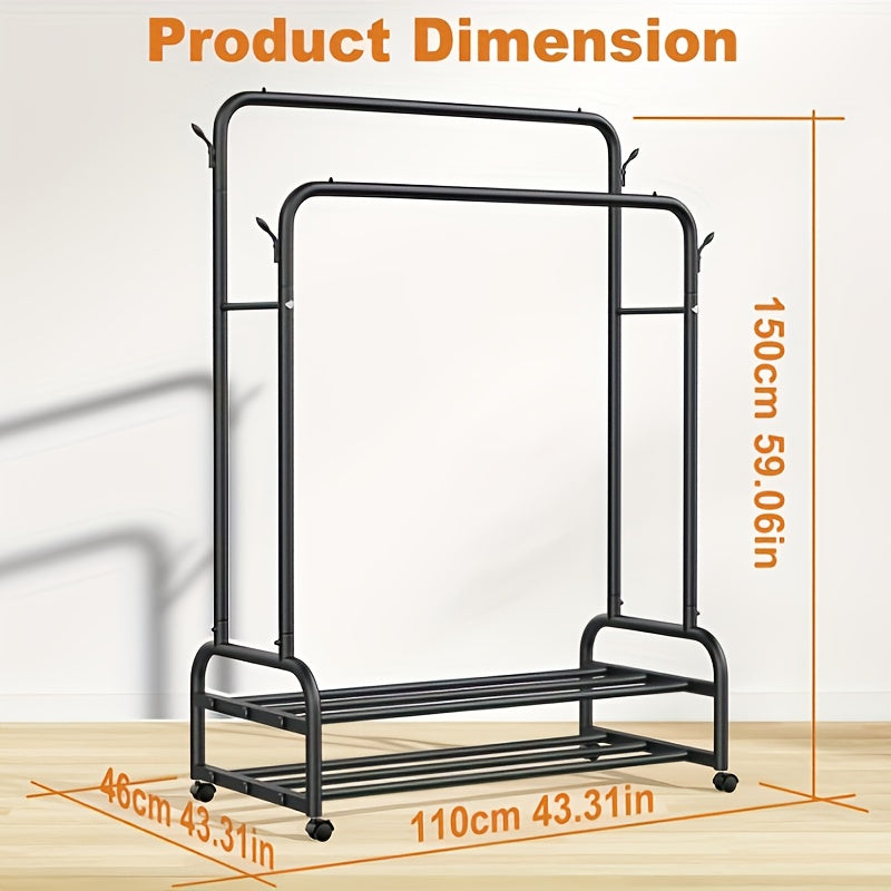 Heavy-Duty Adjustable Home Storage Rack – durable multi-purpose storage, Sturdy Metal Double Rodding Clothes Rack with Wheels Portable Clothing Rack with Shelves Hooks, designed for American homes, daily convenience and practical gifting