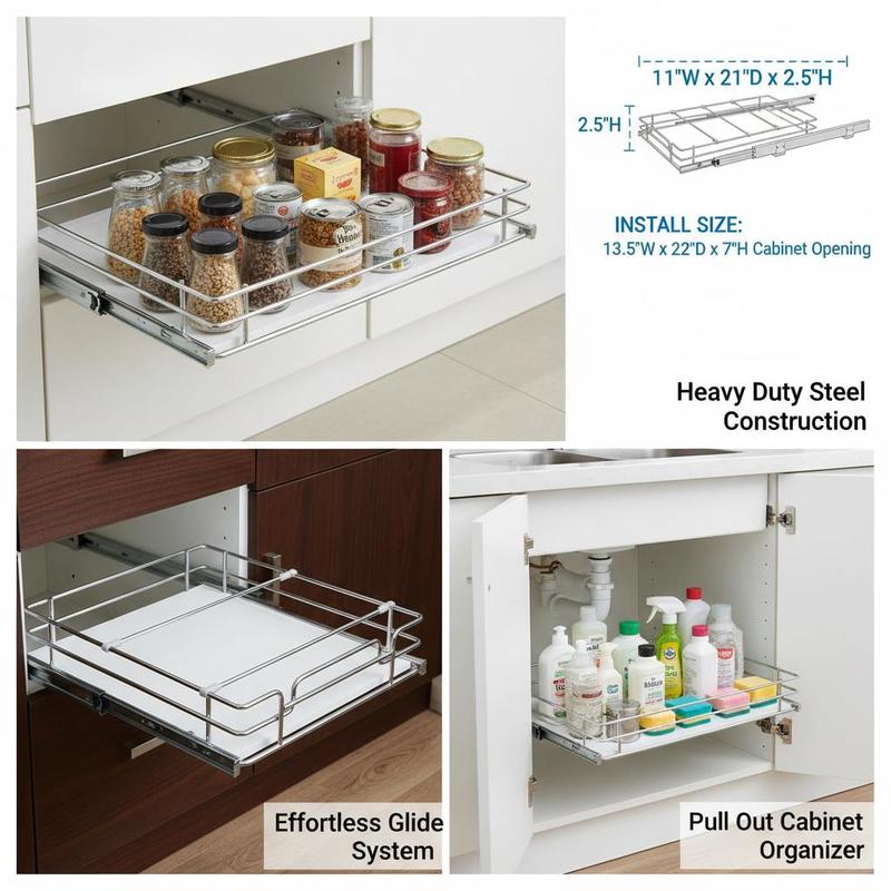 Sliding Cupboard Tray 11'Wx21'Dx2.5'H for Kitchen Pantry Bathroom, Heavy Duty Metal Construction Smooth Glide Rails Space Organization Under Sink Storage 13.5'Wx22'Dx7'H Cabinet Fitment