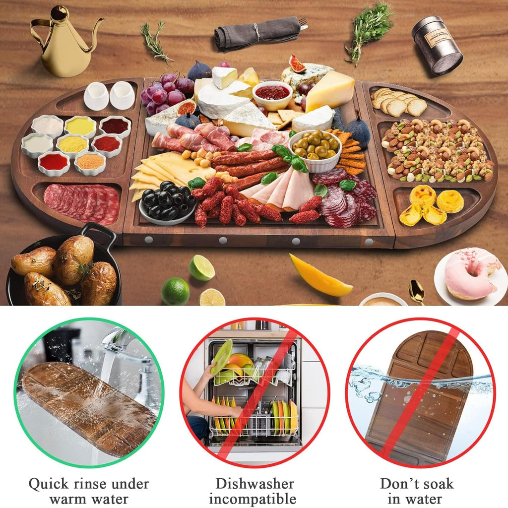 Large Acacia Wood Serving Board - Wood Cheese & Charcuterie Platter with Semi-Circular Edges, Expandable Food Tray for Weddings, Parties, Housewarming Gifts - Grain & Dining Board ( for & Cooked Foods)