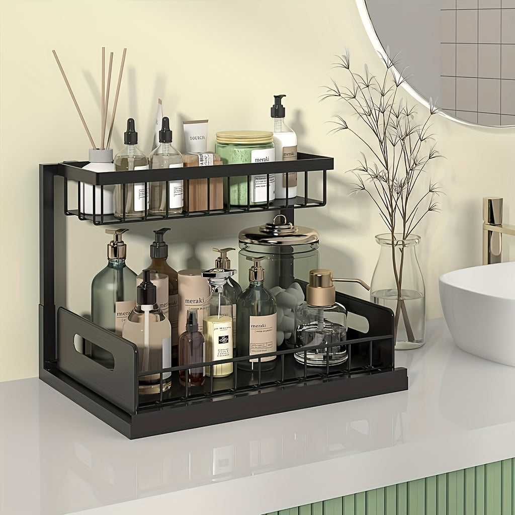 Kitchen Essential – Two-Tier Under-Sink Organizer Featuring a Sliding Drawer, Metal Pull-Out Storage Rack for Kitchen, Bathroom, Or Closet, Designed for Space Efficiency And Easy Access for