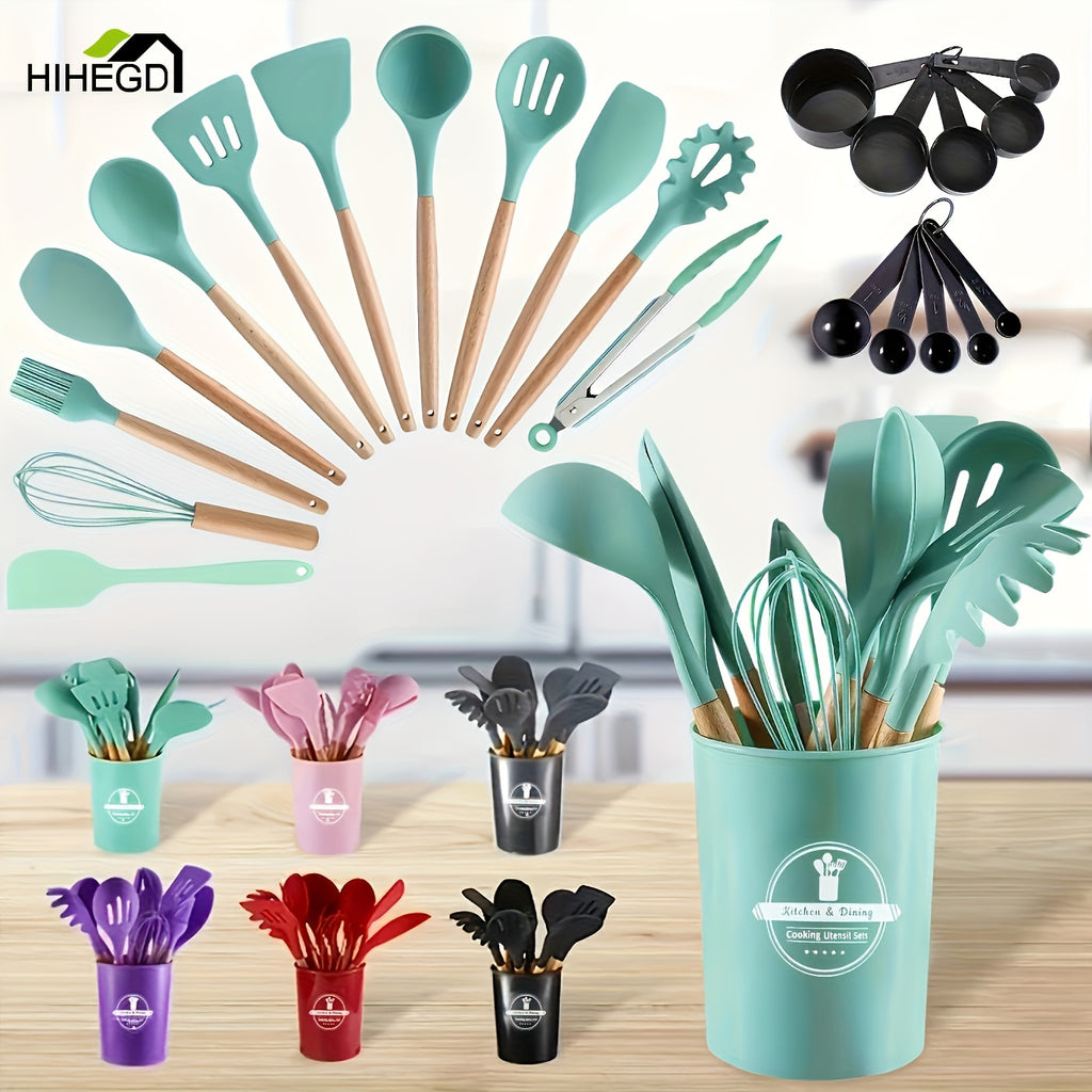 Upgrade Your Kitchen with 23pcs (12pcs kitchen utensils + 5pcs small colanders + 5pcs large colanders + 1pc small scraper) Silicone Cooking Tools Set in a Colorful Storage Container with Wooden Handles - Sturdy, Trendy Quality Kitchen