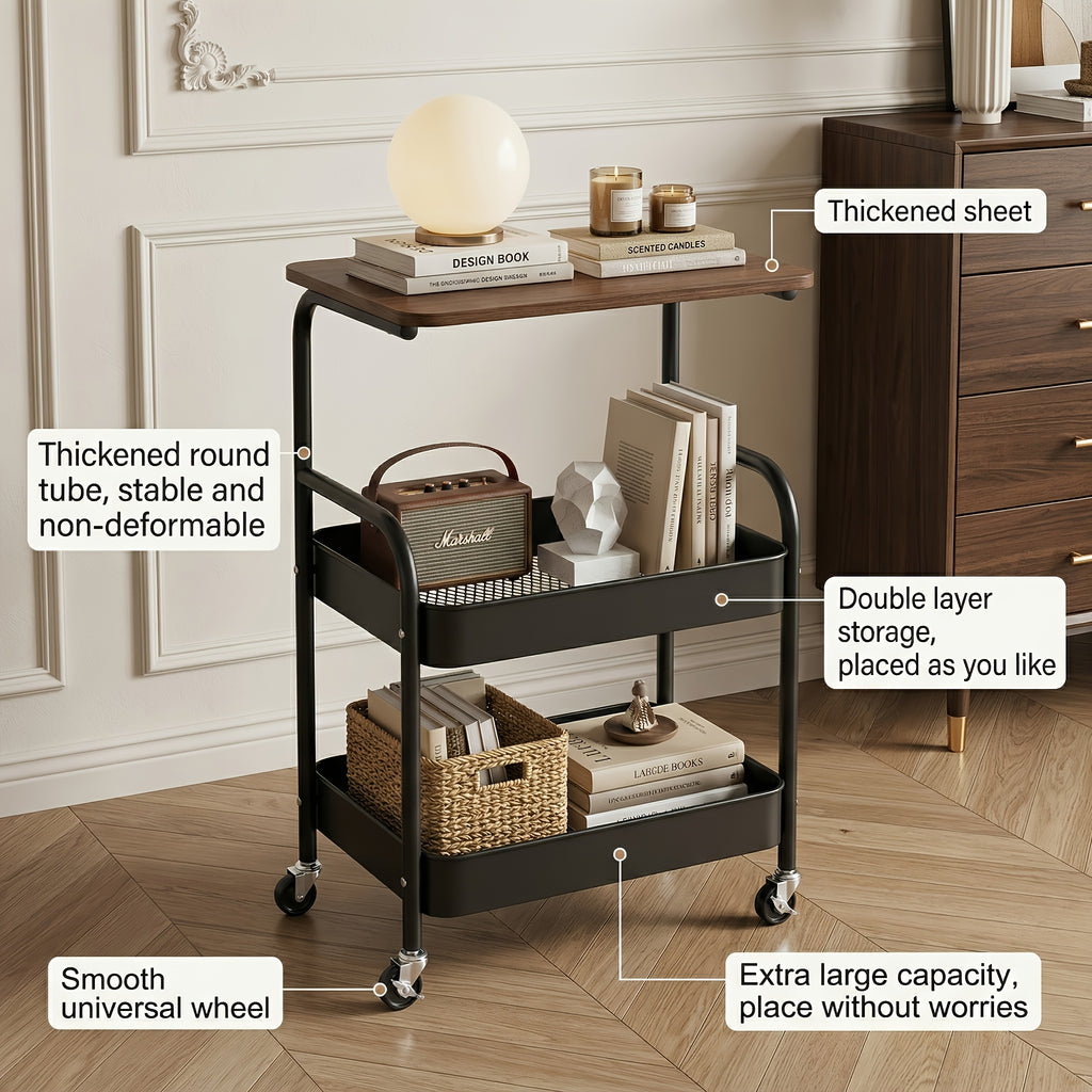 Easy-Access Adjustable Home Storage Rack – durable multi-purpose storage, Three-tier Metal Utility Cart Metal Storage Rack Rolling Cart with Wooden Tabletop Multifunctional Storage, designed for American homes, daily convenience and practical gifting
