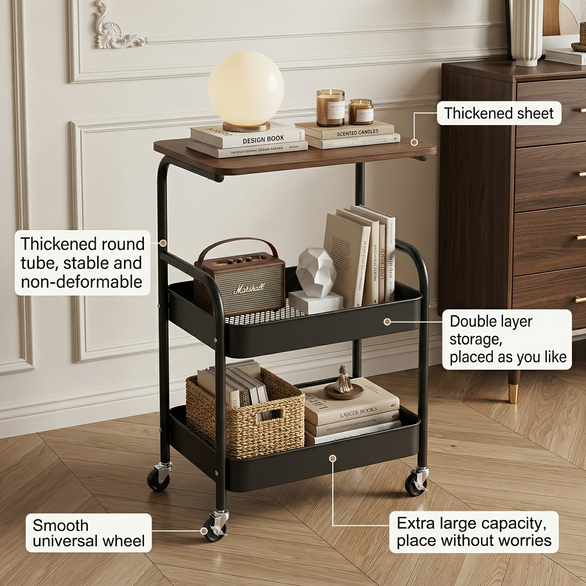Easy-Access Adjustable Home Storage Rack – durable multi-purpose storage, Three-tier Metal Utility Cart Metal Storage Rack Rolling Cart with Wooden Tabletop Multifunctional Storage, designed for American homes, daily convenience and practical gifting