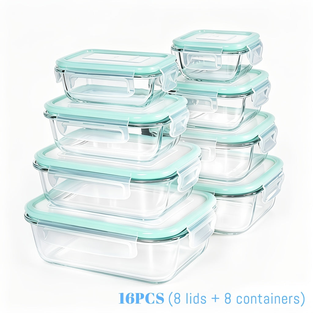 Heavy-Duty 16pcs Glass Meal Prep Container Set – leak-resistant reusable meal prep, 16pcs 8 Lids And 8 Containers Sealed Glass Food Storage Containers Lunch Boxes Microwave, designed for American homes, daily convenience and practical gifting