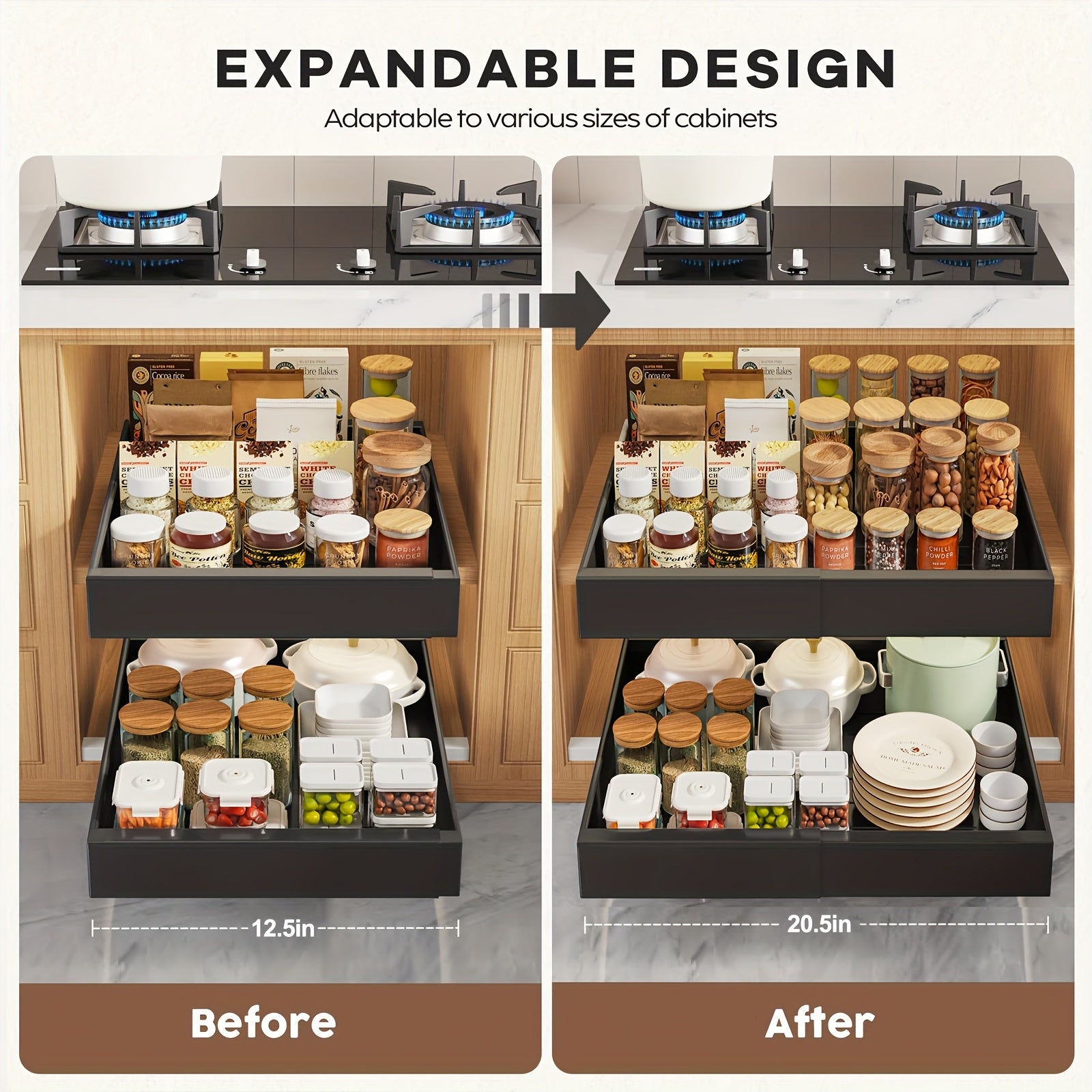 Easy-Access 2/4/6pcs Pull-Out Cabinet Organizer – smooth-access cabinet organization, 2 4 6pcs Expandable Pull Out Drawers for Kitchen Cabinets Sliding Storage Shelves Heavy, designed for American homes, daily convenience and practical gifting