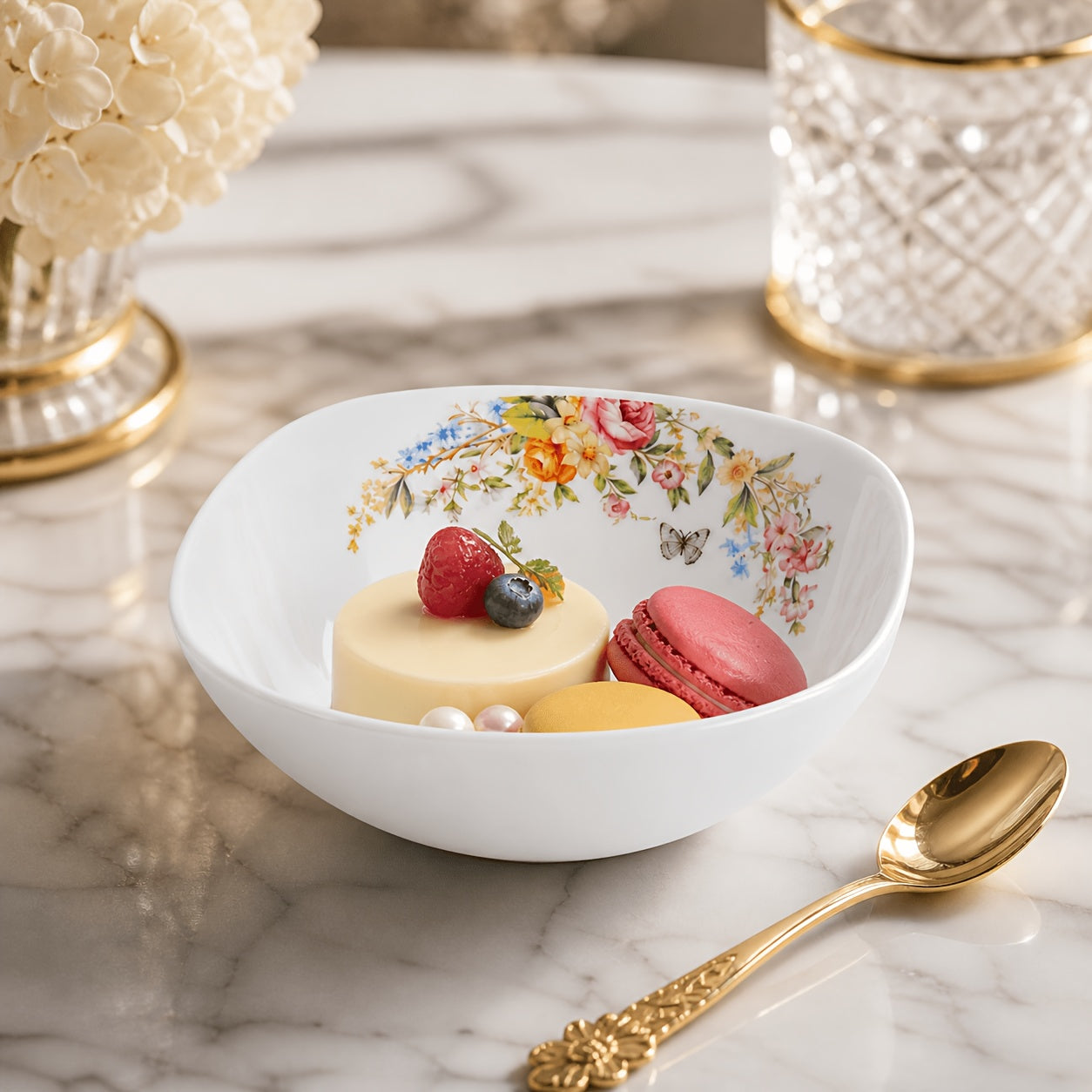 [4pcs Ceramic Bowl] 4pcs Modern Square 5Inch Ceramic Bowl Stylish Curved Edge Design Floral Pattern Soup Dessert Bowl Unique Shape Dinnerware Minimalist Nordic Style Salad Rice Serving Bowl Aesthetic Home Kitchen Tableware