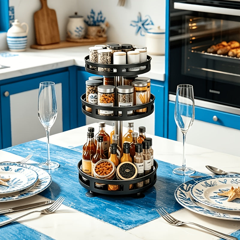 Kitchen Essential – Home Furniture Cabinet Organizer 3-Tier Black Round 360 Degree Rotating Spice Rack Multi-Layer Tiered Compact Storage Releasing Cabinet Space Oil-Resistant And Easy to Cl