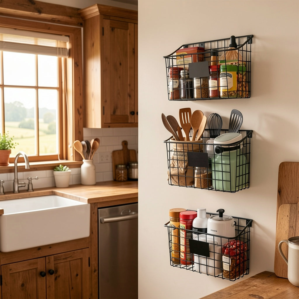 Wall Mounted Bin Basket with 5 Hooks 3 Label Plate Adhesive-3 Pack, Cabinet Hanging Metal Wire Basket, Rustic Farmhouse Decor, Storage Organization Shelf for Pantry Kitchen Bathroom 10.6*7.5*5.1Inch, Shelf Baskets