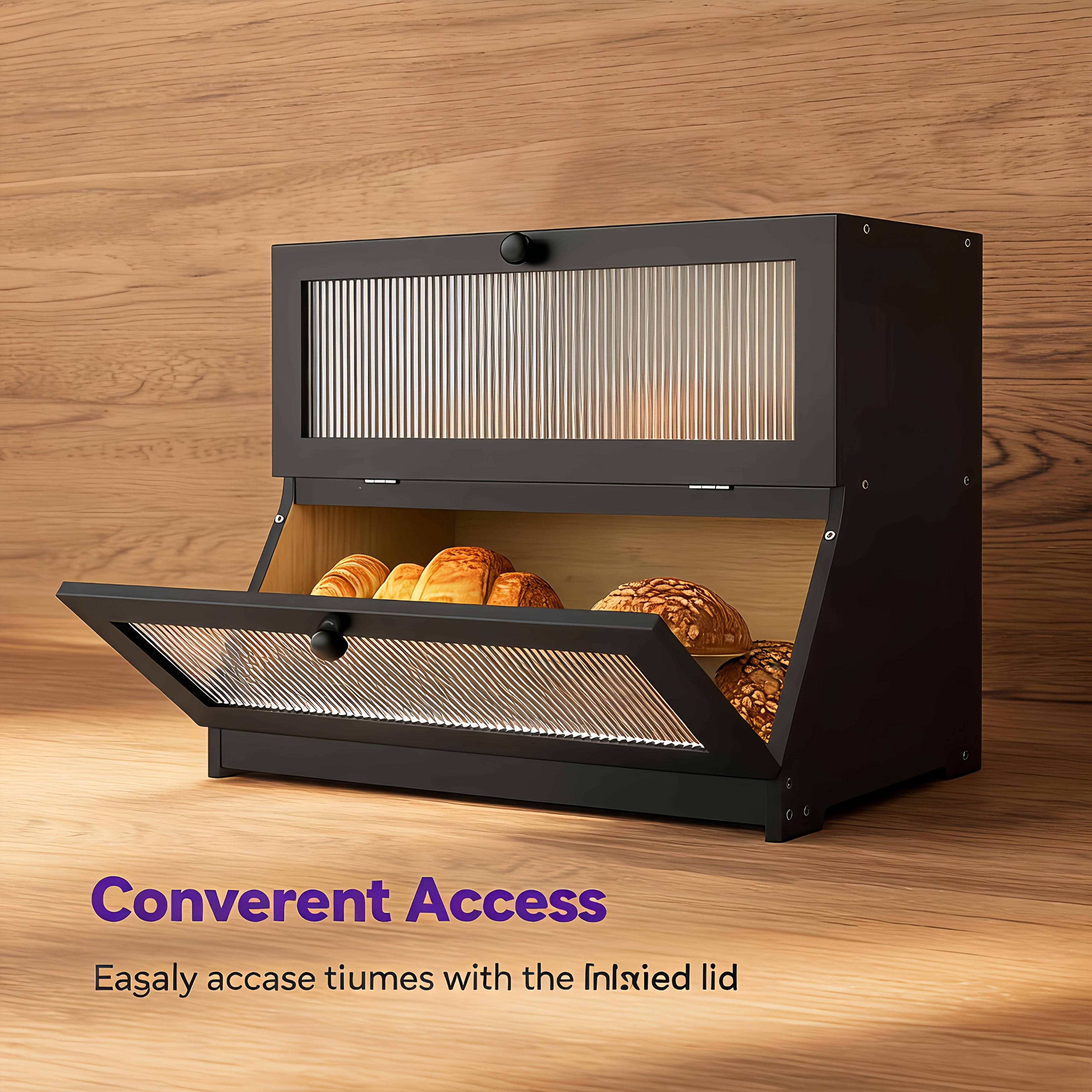 Bread Bin & Bread Bins for Kitchen, Double-tiered Black Wooden Bread Bin, Large-capacity Bread Storage Box Ideal for Kitchen Counters