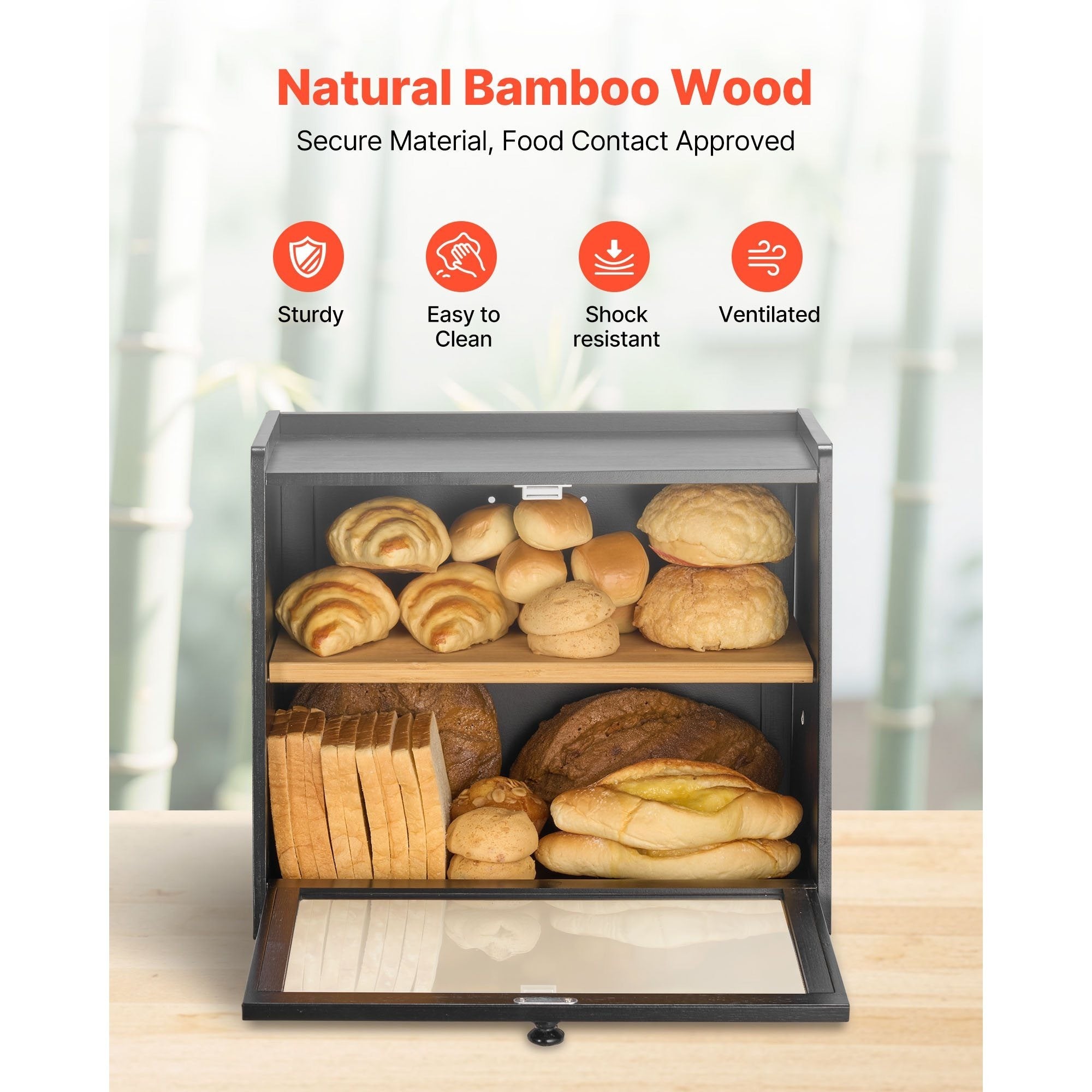 Space-Saving Countertop Bread Storage Box – fresh-bread countertop organization, VEVOR Bread Box for Kitchen Counter Large Capacity Bamboo Storage Container Single-layer Double-layer Black, designed for American homes, daily convenience and practical