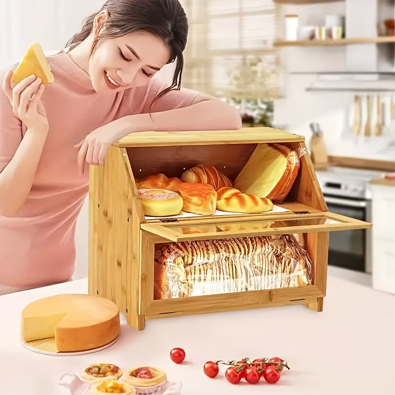 1pc Double Layer Large Bread Box for Kitchen Counter, Wooden Large Capacity Bread Storage Bin