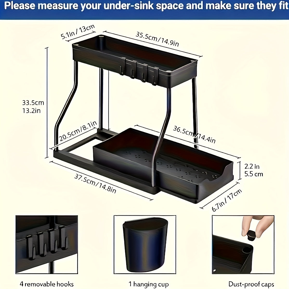 Compact 1pc Stackable Home Storage Bins – portable space-saving storage, 1pc Under Sink Organizer 2-Tier Sliding Cabinet Basket Organizer with Hooks Multifunctional Under Sink, designed for American homes, daily convenience and practical gifting