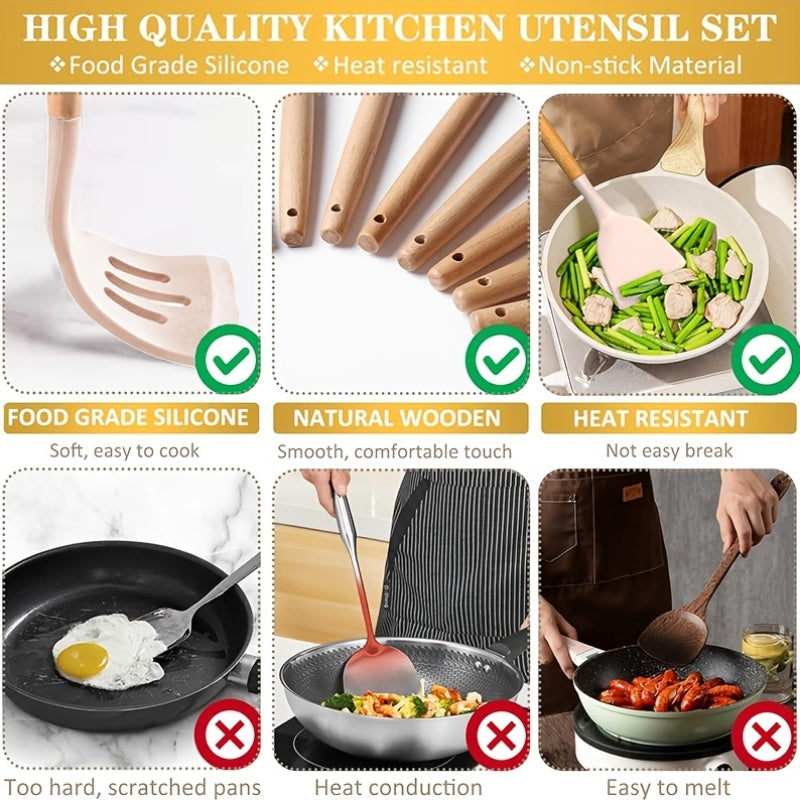 Kitchen Essential – Kitchen Utensil Set - 34/35pcs Silicone Cooking Utensils, Heat-Resistant Kitchen Utensil Spatula Set, Suitable for Non-Stick Pans, Wooden Handle Kitchen Tool Set for Mode