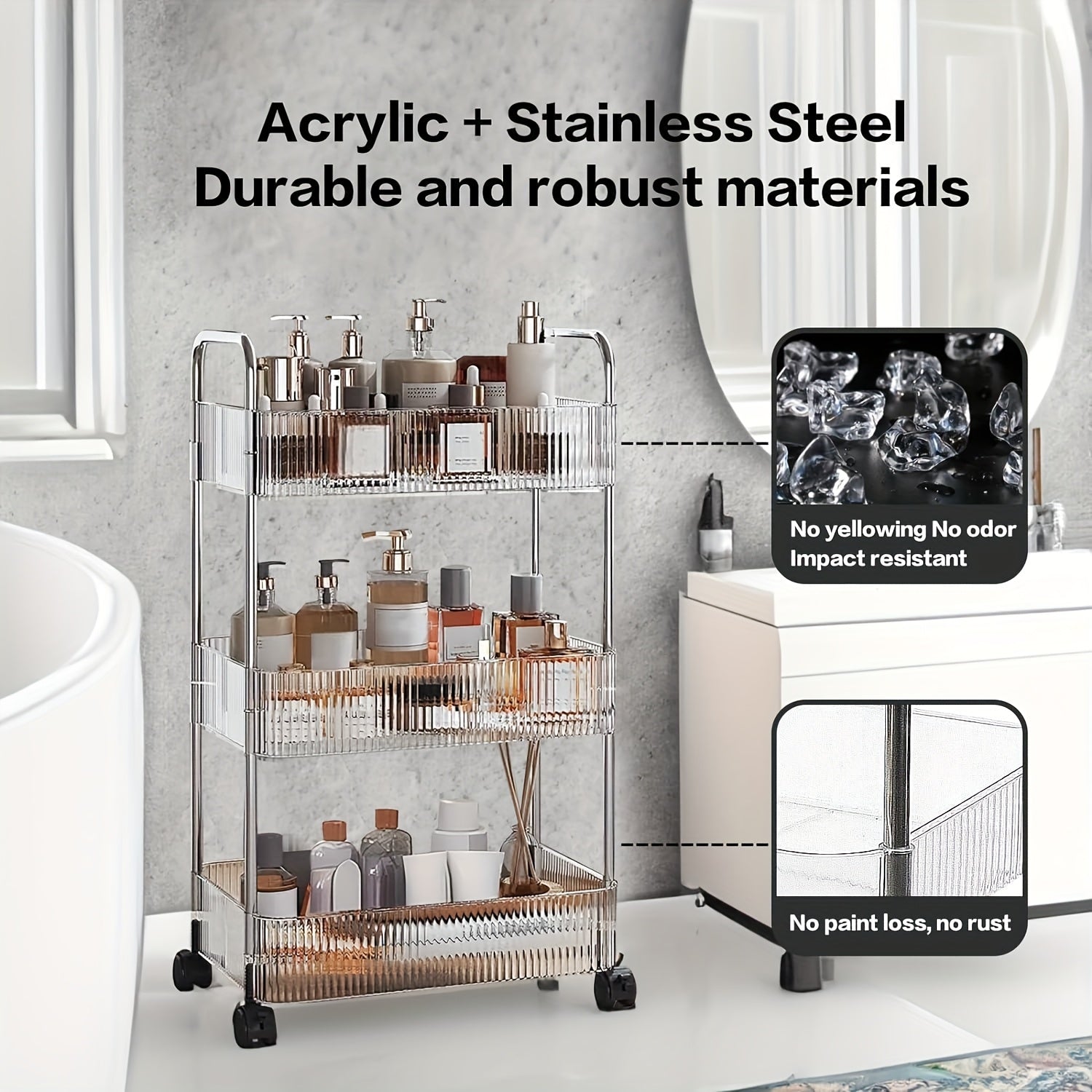 3/4 Tier Rolling Storage Cart with Hanging Storage Boxes, Multifunctional Utility Cart, Acrylic Material & Modern Minimalist Transparent Design, Alloy Frame Handle & 360° Rotating Silent Roller, Snack Cart for Dorm, Bathroom, Bar, Kitchen