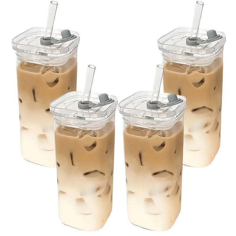 Compact 13oz Reusable Drinkware Set – easy-access beverage storage, Set of 4 Square Glass Cups with Lids 13oz Capacity Perfect Coffee Cups Includes, designed for American homes, daily convenience and practical gifting
