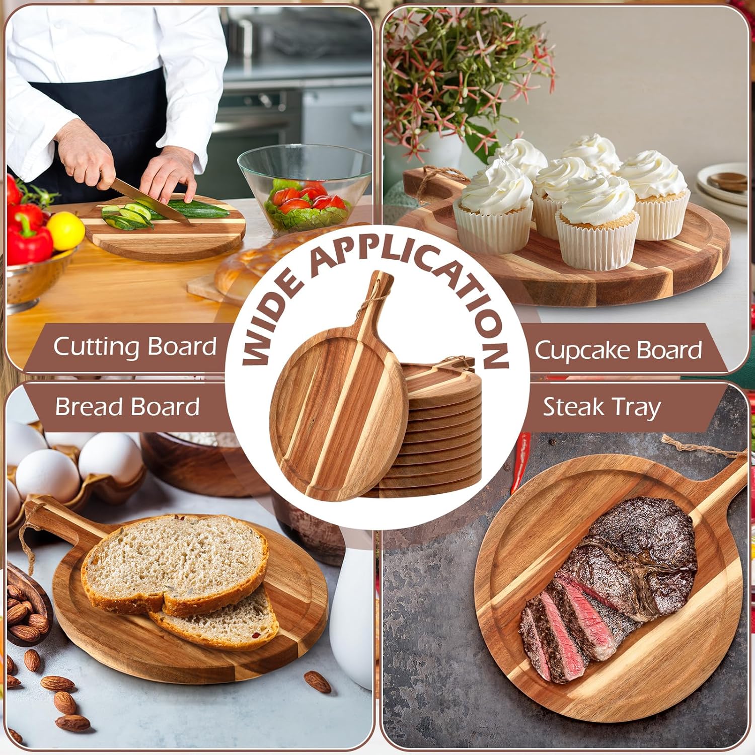 Easy-Access 10/5pcs Kitchen Cutting Board – durable food prep and serving, 10 5pcs Round Wooden Cutting Boards with Handles Wooden Serving Boards Kitchen Chopping Boards, designed for American homes, daily convenience and practical gifting